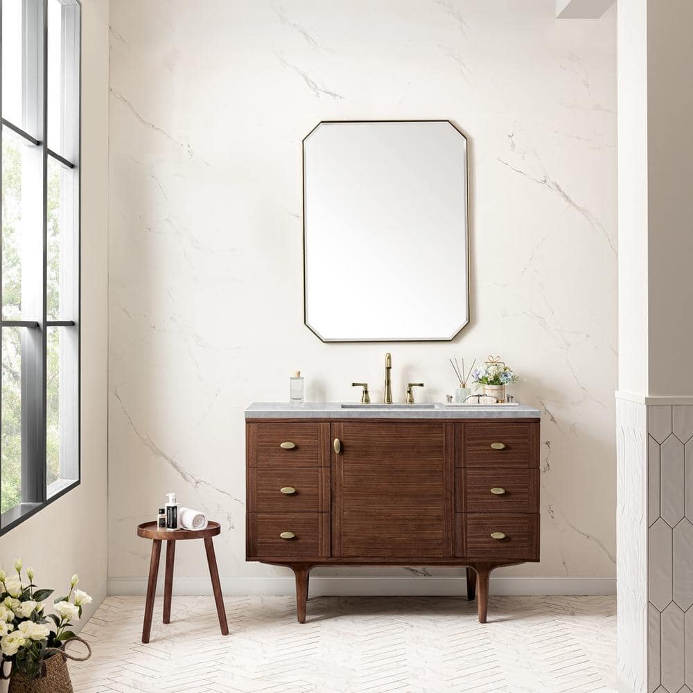 Amberly 48.0 in. W x 23.5 in. D x 34.7 in. H Bathroom Vanity in Mid-Century Walnut with Carrara Marble Marble Top price history on PriceWatchPro