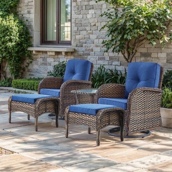 SleekArm 5-Piece Brown Wicker Outdoor Rocking Chair with Olefin Blue Cushions Patio Swivel Chairs and Ottomans