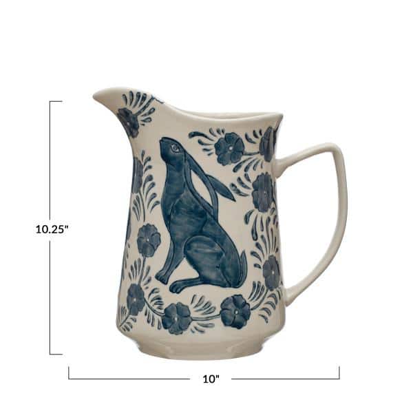 Blue and Cream Stoneware Pitcher with Rabbit and Florals