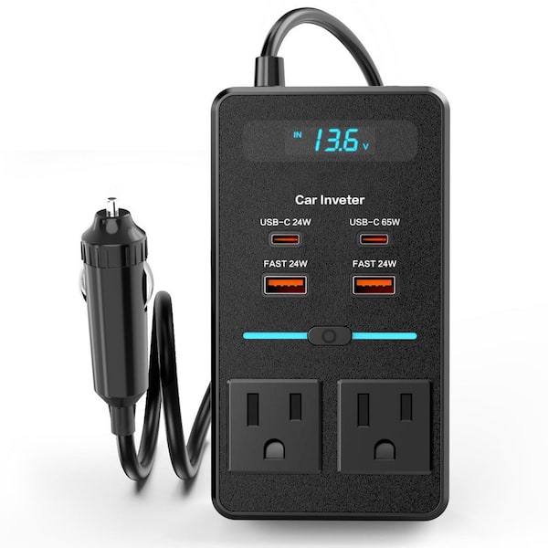 300-Watt Car Power Inverter with LCD Display, 65W USB-C Fast Charging, 24 USB-C and 3.0 USB-A Ports Compact and Portable