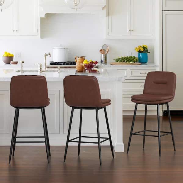 LUE BONA 26 in. Modern Metal Frame Dark Brown Faux Leather Upholstered Counter Stools with Footrest Set of 3