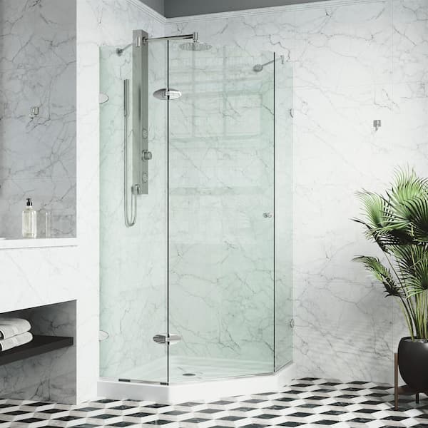 VIGO Verona 40 in. L x 40 in. W x 77 in. H Frameless Pivot Neo-angle Shower Enclosure Kit in Chrome with 3/8 in. Clear Glass