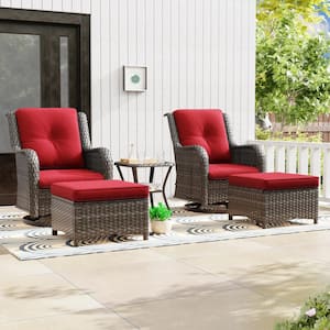 5-Piece Wicker Patio Outdoor Conversation Rocking Chair Set with Red Cushions