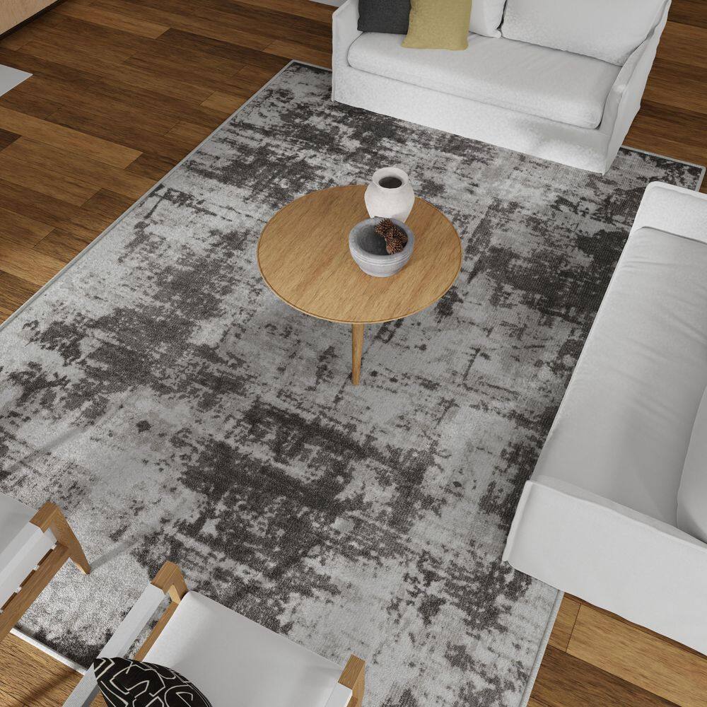 Gray Abstract 9' x 12' Stain-Resistant Synthetic Area Rug