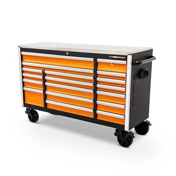 GEARWRENCH GSX 72 in. x 25 in. 18-Drawer Orange and Black Rolling Mobile Workbench Cabinet with Stainless Steel Worktop