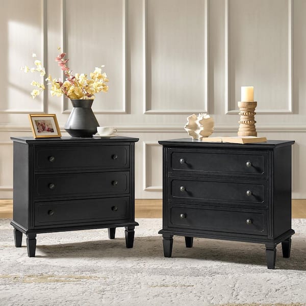 Leandro Black 3 Drawer 28.3 in. W Nightstand with Built-in Outlet and Solid Wood Legs (Set of 2)