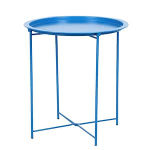 Blue Foldable Metal Side Table Rust Resistant Waterproof Outdoor or Indoor Snack Table, Accent Coffee Table.