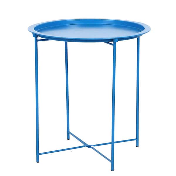 Unbranded Blue Foldable Metal Side Table Rust Resistant Waterproof Outdoor or Indoor Snack Table, Accent Coffee Table.