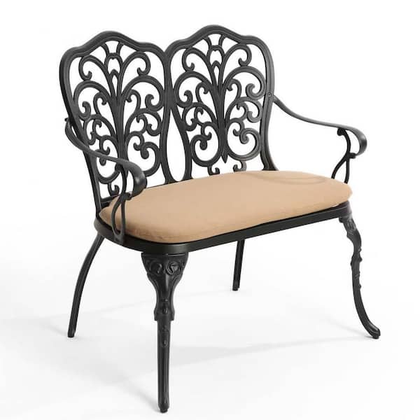 Unbranded Black Patio Bench Metal Park Bench Cast Aluminum Outdoor Bench with Brown Cushion for Patio, Park, Lawn, Yard