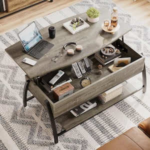 41.56 in. Retro Grey Oak Dark Rectangle Wood Coffee Table with Lift Top and Open Storage Shelf