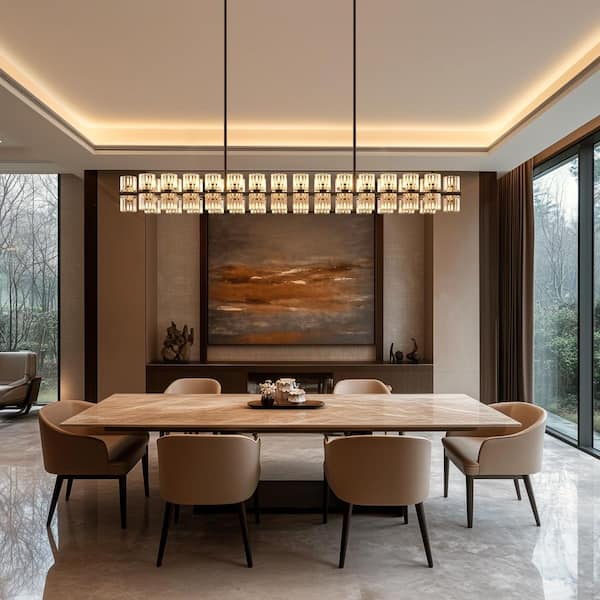 60-Light Black Crystal Chandelier with 70 G4 LED Bulbs Rectangular Pendant Light for Kitchen Dining Room