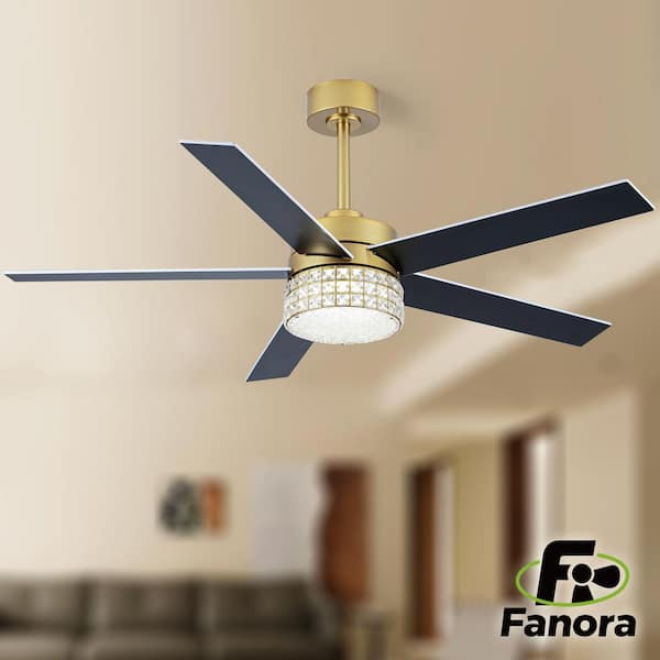 52 in. Indoor Gold Reversible Blade Crystal LED Ceiling Fan with Remote Control and Downrod Included, Two-Toned Blades