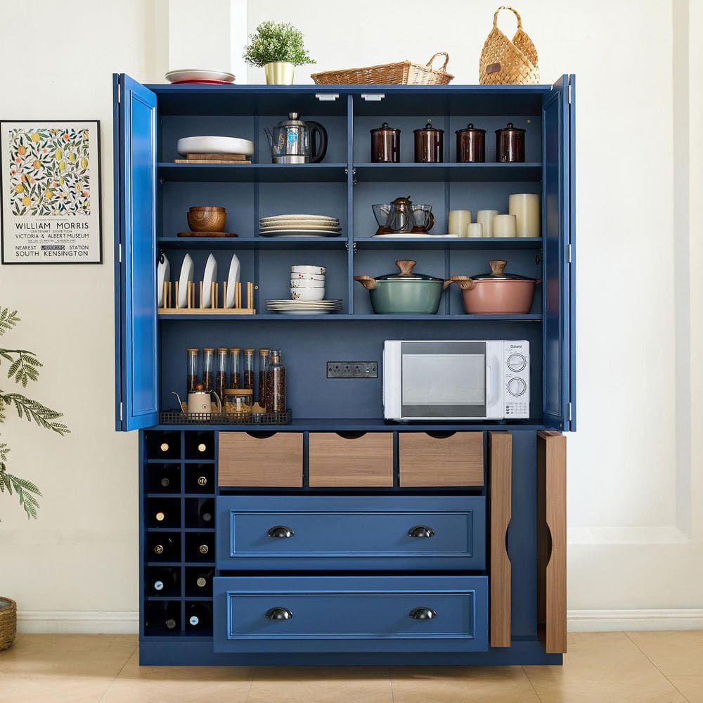 Polibi Blue MDF Wood Buffet with 4 Foldable Doors, Power Outlet