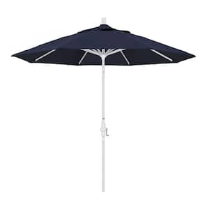 9 ft. White Aluminum Pole Market Aluminum Ribs Collar Tilt Crank Lift Patio Umbrella in Navy Sunbrella