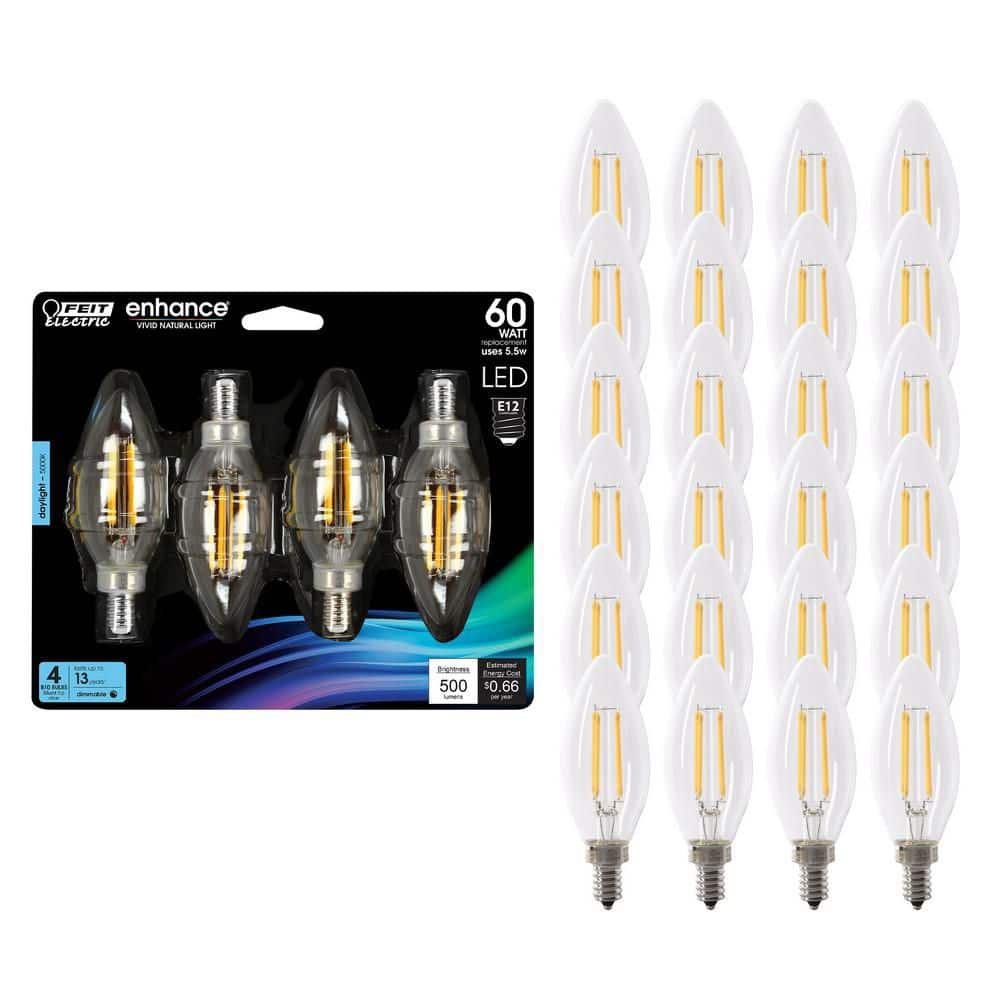 Feit Electric 60W Equivalent B10 E12 Candelabra Dimmable Filament CEC Clear Glass Chandelier LED Light Bulb Daylight 5000K (24-Pack)