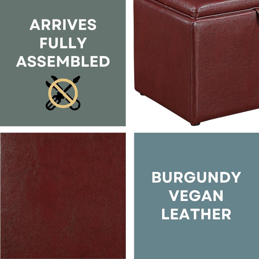 Burgundy Faux Leather 23" Modern Storage Ottoman with Tray