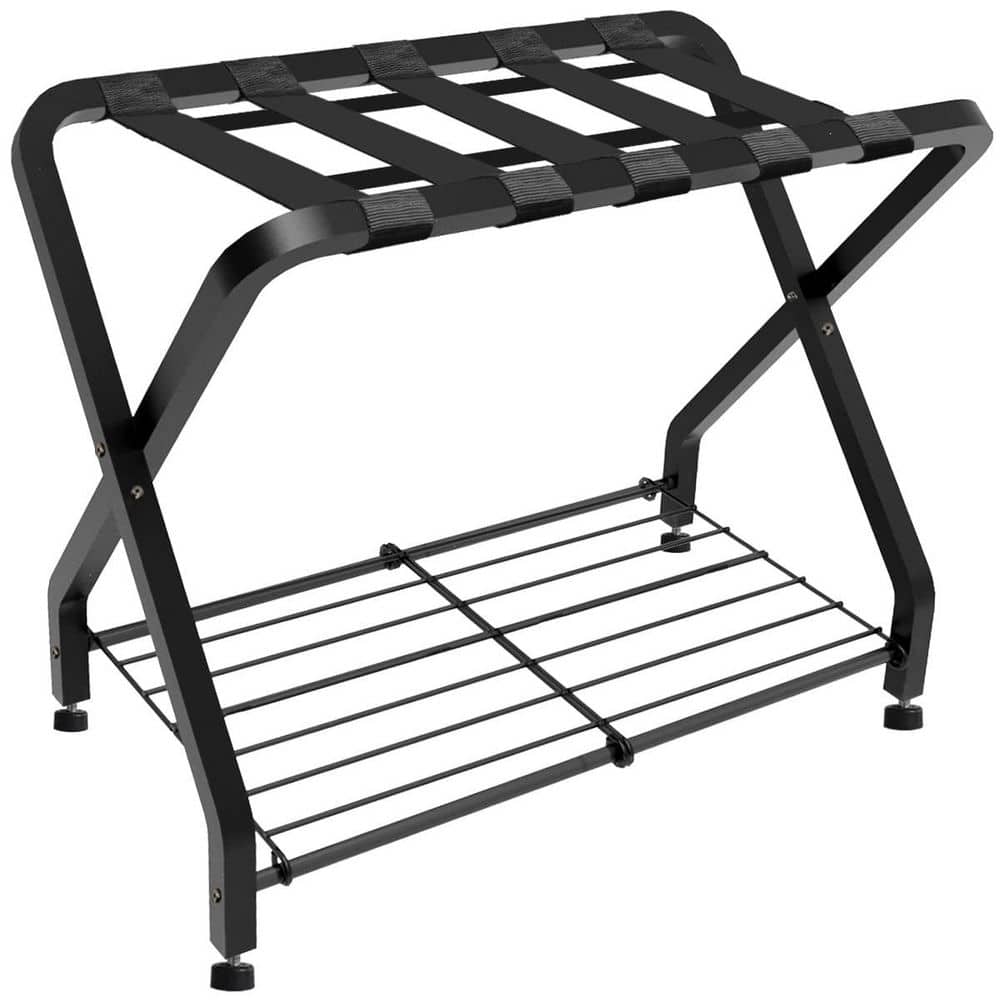 Wudkey Black Folding Luggage Rack with 2-Tiers Storage Shelf, Metal ...