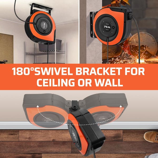 75 ft. 14/3 SJTOW 13 Amp Retractable Extension Cord Reel with Lighted Triple Tap Outlets, Wall/Ceiling Mounted
