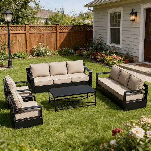 Black 5-Piece Aluminum 8-Seat Outdoor Patio Conversation Set with 2-Swivel Chairs, two 3-seat Sofas, Beige Cushions
