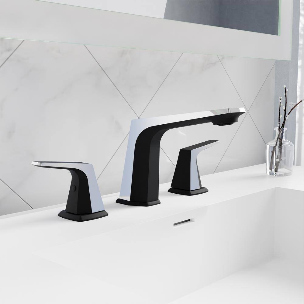Matte Black and Chrome Widespread Bathroom Faucet with Pop-Up Drain