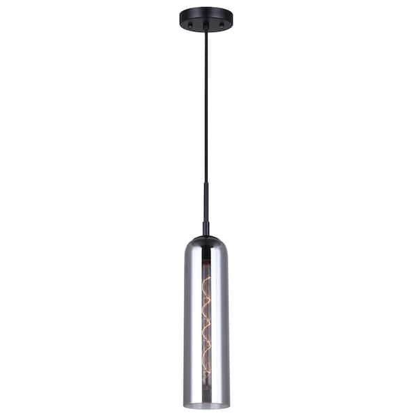 CANARM Eloise 60-Watt 1 Light Matte Black Industrial Pendant Light with Smoked Glass Shade