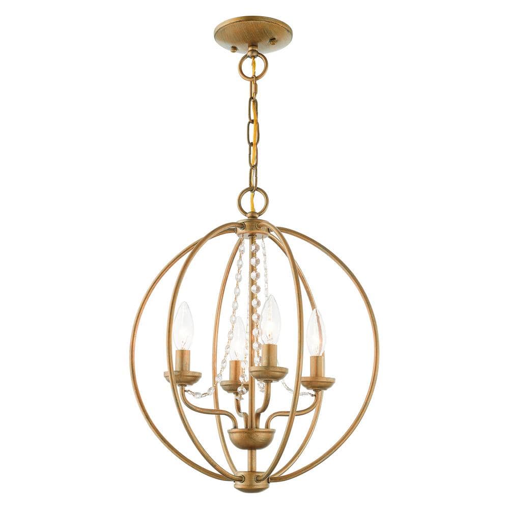 Antique Gold Leaf 4-Light Mini Chandelier with Draping Crystals