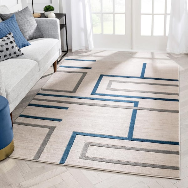 Good Vibes Fiona Blue Modern Geometric Lines 3 ft. 11 in. x 5 ft. 3 in. Area Rug