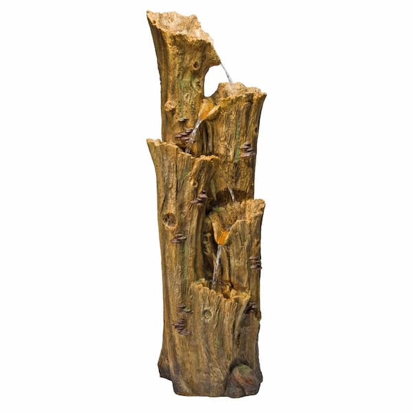 Alpine Corporation 65 in. Tall Outdoor 4-Tier Cascading Tree Bark Water Fountain with LED Lights