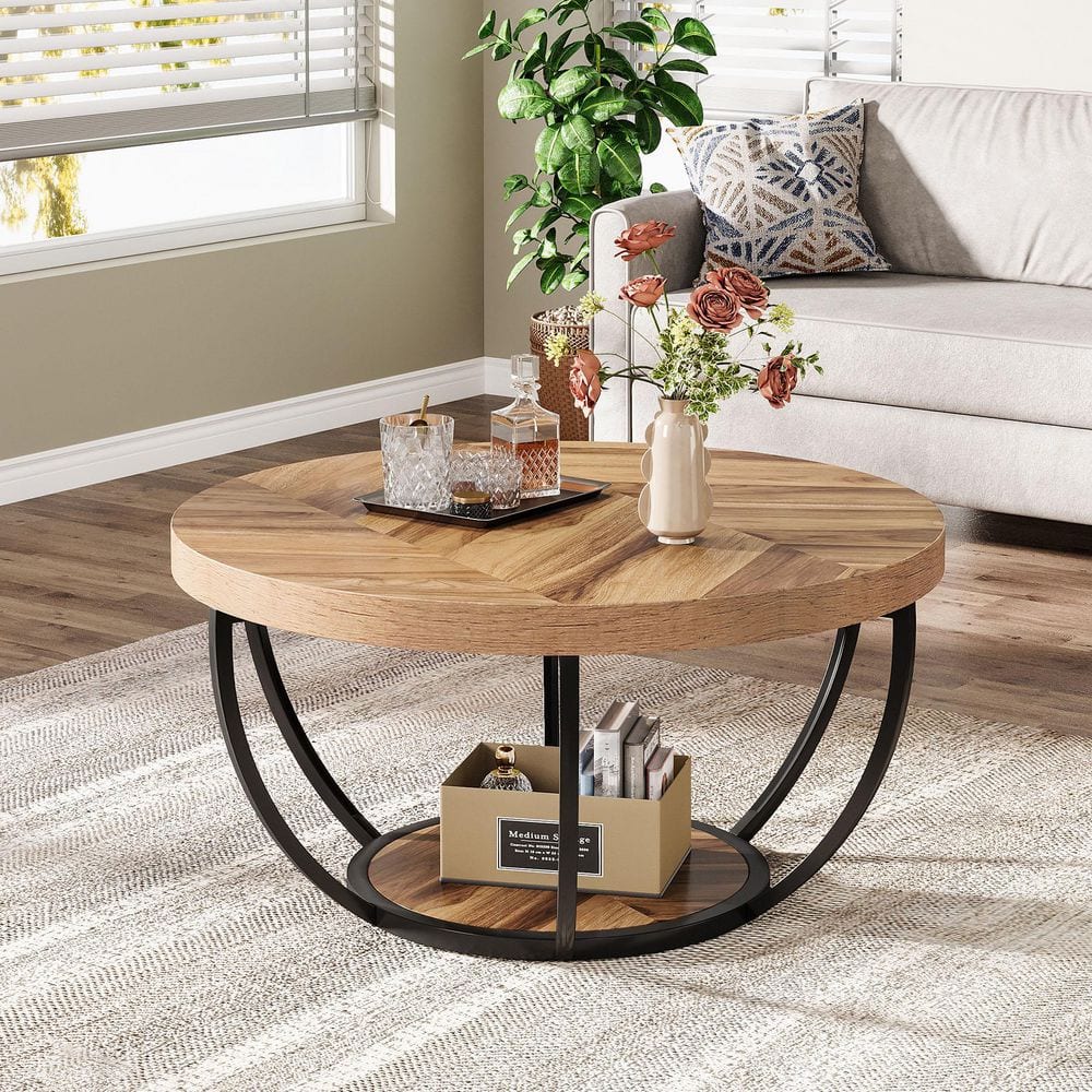 Allan 31.7 in. Light Brown Round Wood Coffee Table with Storage Shelf, Industrial Center Table for Living Room price history on PriceWatchPro
