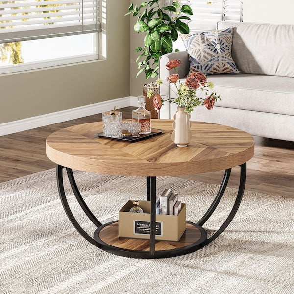 BYBLIGHT Allan 31.7 in. Light Brown Round Wood Coffee Table with Storage Shelf, Industrial Center Table for Living Room