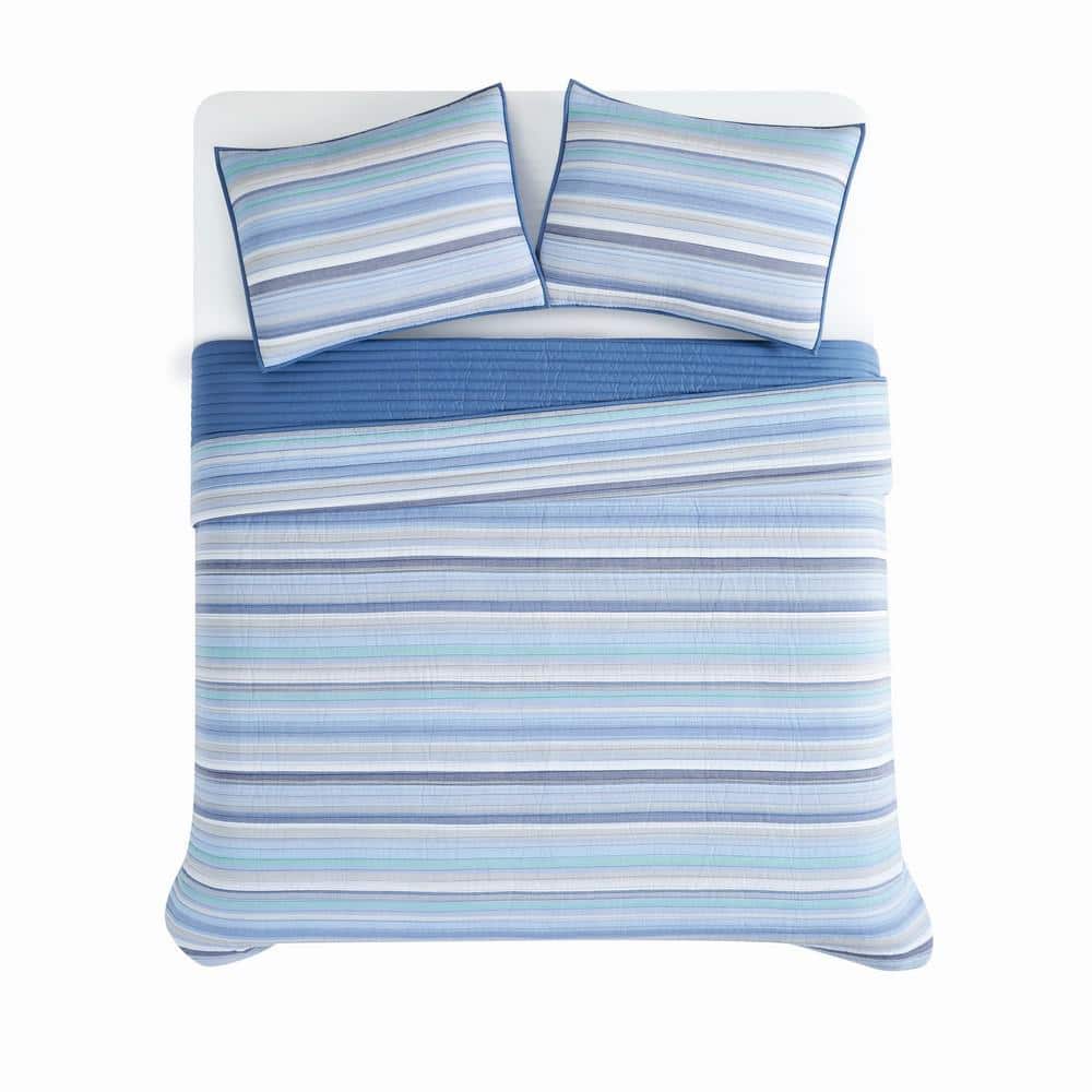 Blue and White Cotton Twin Quilt Set with Striped Design