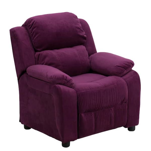 Flash Furniture Deluxe Padded Contemporary Purple Microfiber Kids Recliner with Storage Arms