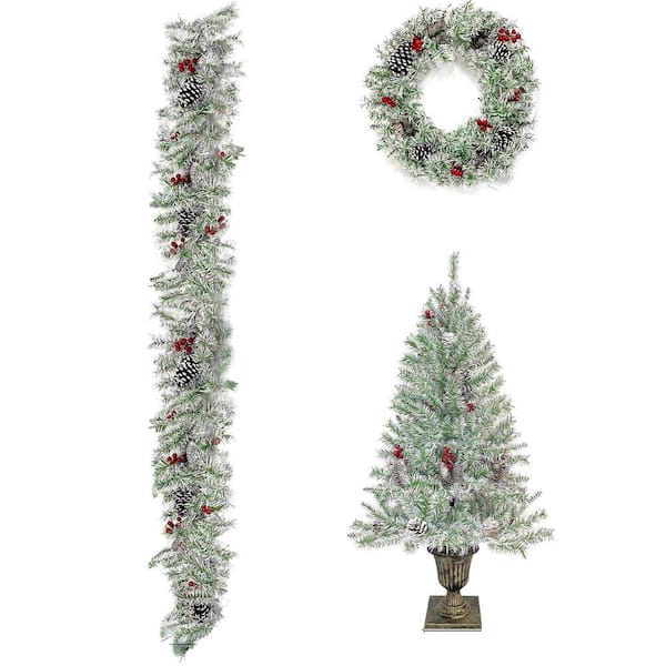 Unbranded 4 ft. Pre-lit Artificial Christmas Tree Set Christmas 4-Piece Set with Garland, Wreath and 2 Entrance X-mas Trees