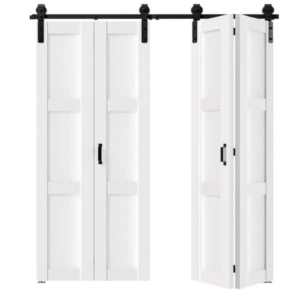 84 in. x 84 in. White, 3 Panel, Finished, Paneled MDF, Bi-Fold Style Sliding Barn Door with Hardware Kit