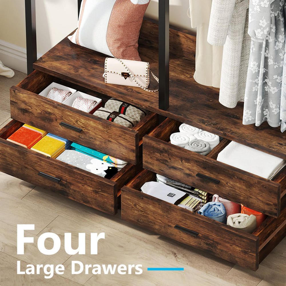 Carmalita Brown Wood 47.24 in. Armoire with 4 Drawers and 8 Hooks, Freestanding Clothing Rack for Bedroom Living Room - thumbnail 5