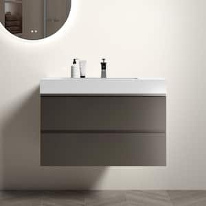 36 in. W x 18 in. D x 25 in. H Single Sink Floating Bath Vanity in Gray with White Solid Surface Top
