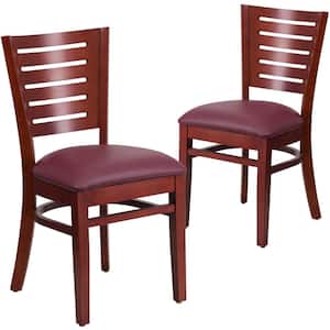 Burgundy Vinyl Seat/Mahogany Wood Frame Restaurant Chairs (Set of 2)