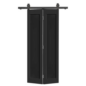 34 in. x 84 in. 1-Panel Shaker Hollow Core Black Composite Bi-Fold Door with Sliding Barn Door Hardware Kit