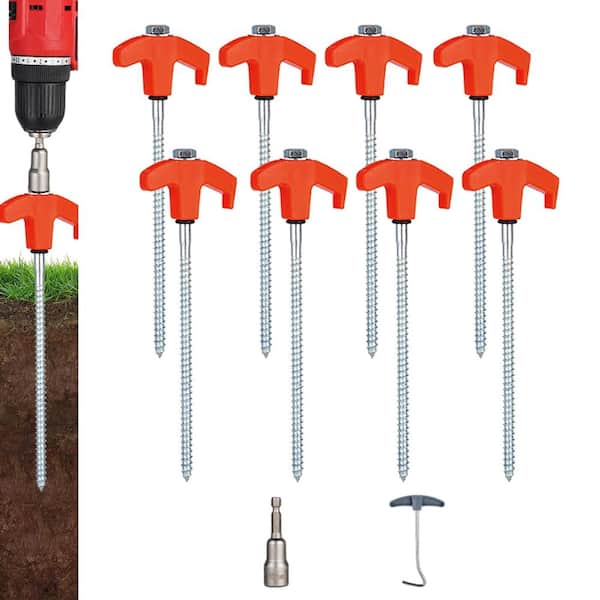 Wellco 10 in. Screw in Tent Stake Carbon Steel Nail Heavy-Duty Metal Stake Orange with Sleeve, Nail Extractor, Bag (8-Pack)