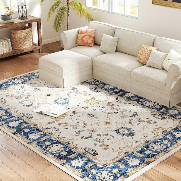 Non-Slip Boho Floor Cover Foldable Carpet 8 x 10 ft. Blue Floral Washable Area Rug Runner Rug