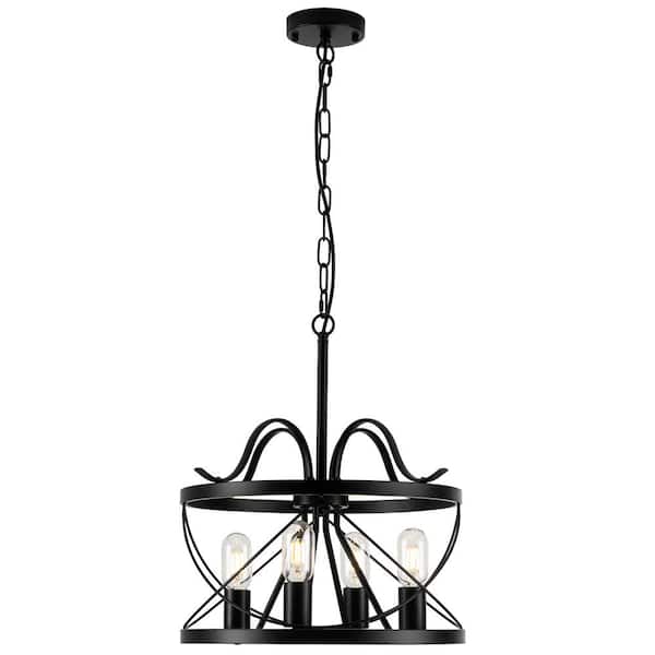 ADSENSTY 4-Light Drum Black Chandelier With Metal Accents for Kitchen Island, Living Room with No Bulbs Included