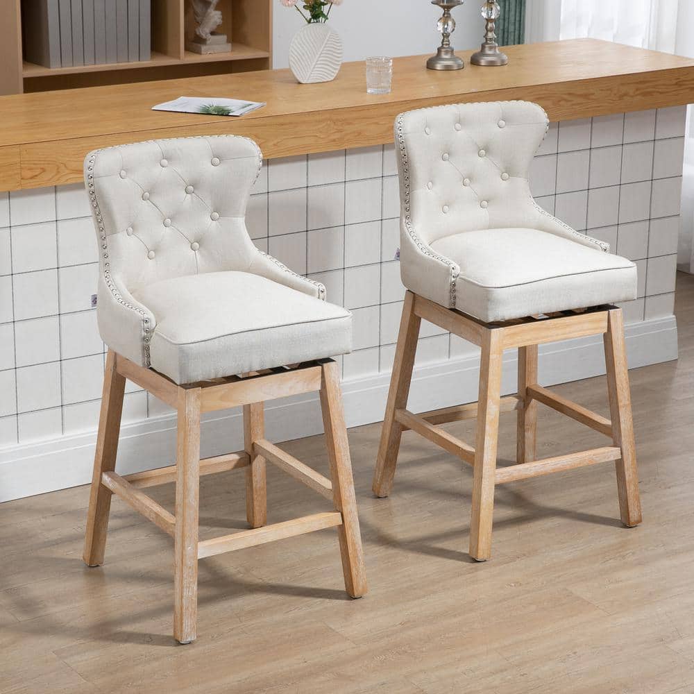 Cream Upholstered Swivel Bar Stools with Wood Legs, Set of 2
