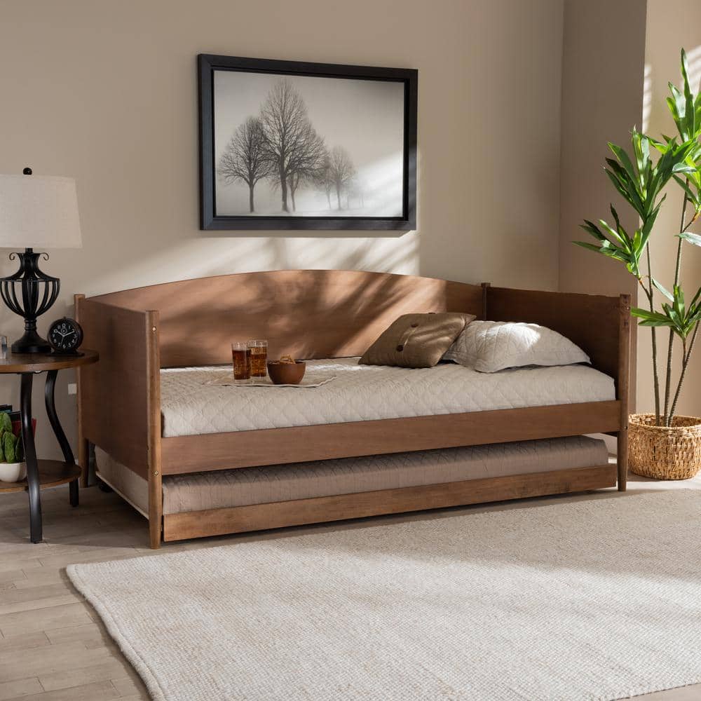 Twin Ash Walnut Wood Daybed with Trundle and Headboard