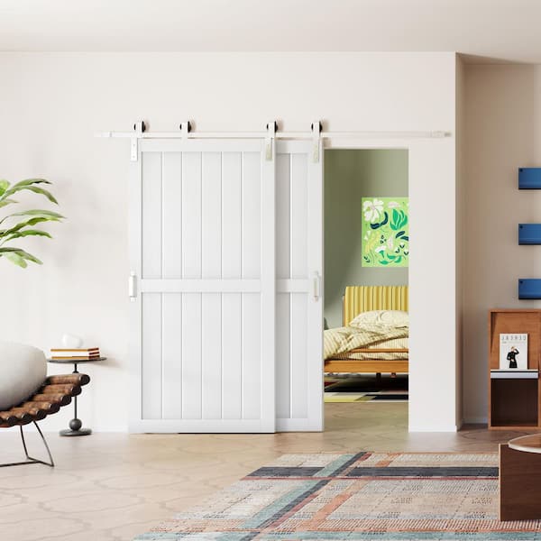 84 in. x 84 in. White, MDF, Primed, Double H-Shaped Brushed Nickel Bypass Sliding Barn Door with Hardware Kit