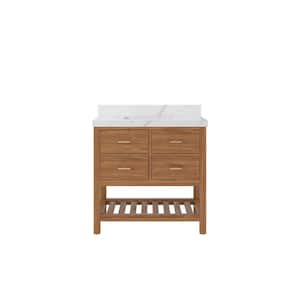 Parker Teak 36 in. W x 22 in. D x 36 in. H Single Sink Bath Vanity Center in Golden Teak with 2 in. Calacatta Laza Top