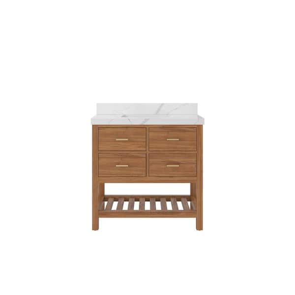 Parker Teak 36 in. W x 22 in. D x 36 in. H Single Sink Bath Vanity Center in Golden Teak with 2 in. Calacatta Laza Top