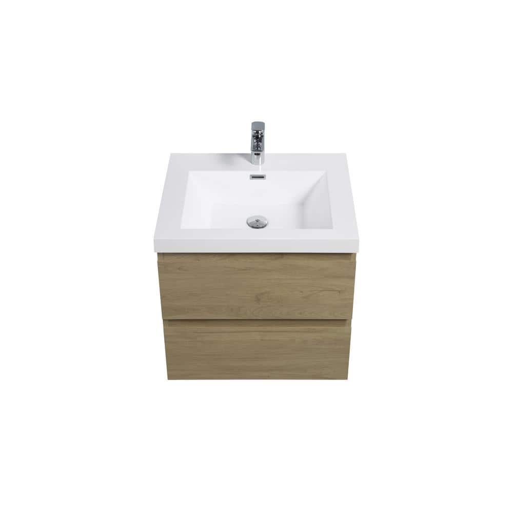 24 in. W Floating Single Sink Bath Vanity in Natural Oak with Resin Gloss White Top