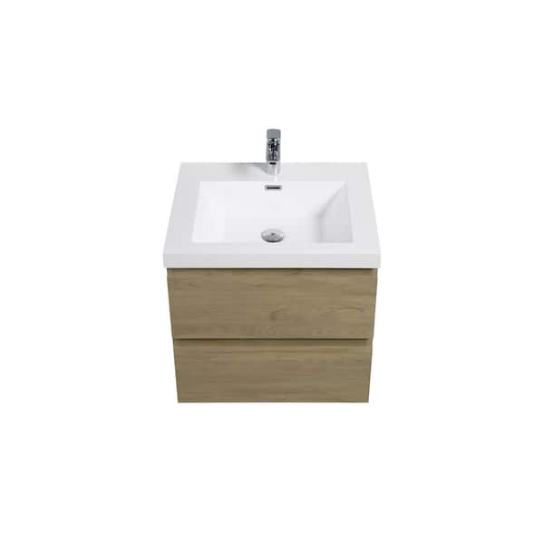 24 in. W Floating Single Sink Bath Vanity in Natural Oak with Resin Gloss White Top