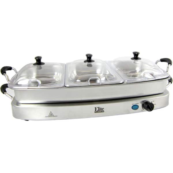Elite Platinum Triple Deluxe 7.5 Qt. Stainless Steel Warming Tray with 3 Crocks