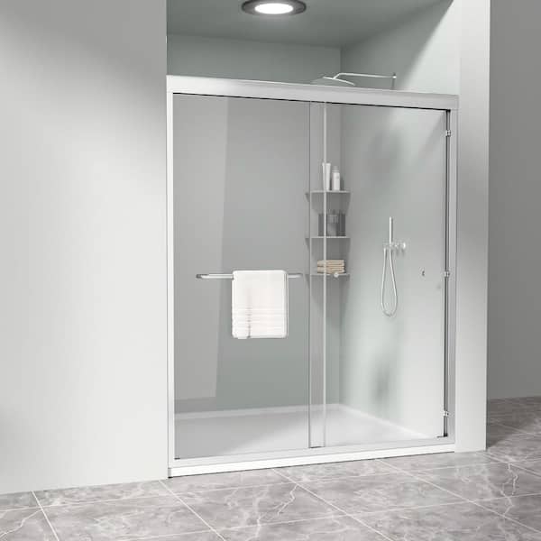 Semi-Frameless Double Sliding Shower Door 56-60 in. W x 72 in. H Shower Door in Chrome with Tempered Glass, Soft Close